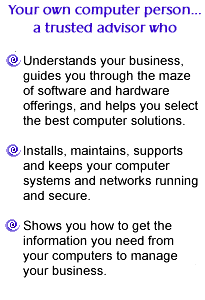 Computer consultants: Advice for buying computers; Installs and supports computers and networks; Custom Reports